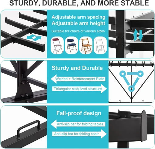 Miniatura 2 de Carrito de silla plegable de 800 libras de capacidad, estante resistente de 2 niveles con ruedas de bloqueo para 84 sillas, carrito