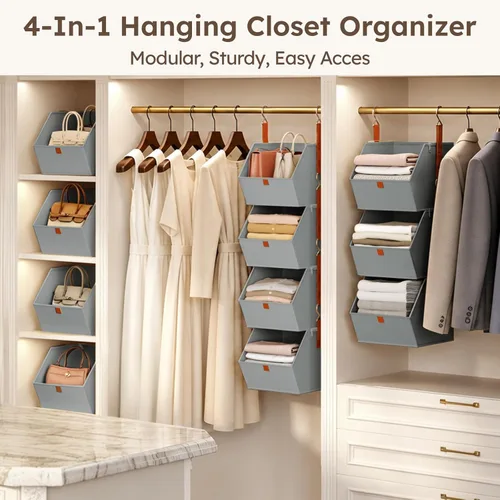 Miniatura 5 de Homsorout Organizador de Armario Colgante de 4 Niveles - Estantes Colgantes para Ropa, Sistema de Armario Ahorro de Espacio, Contenedores de Gris