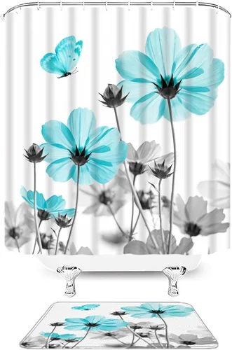 Miniatura 21 de Cortina de ducha floral azul y gris, planta rústica, retro, margarita, abstracta, elegante, natrue de tela con ganchos