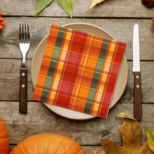 Miniatura 4 de Whaline Paquete de 80 servilletas de papel de otoño de 6.5 x 6.5 pulgadas, servilletas de papel desechables a cuadros rojos, naranja y verde