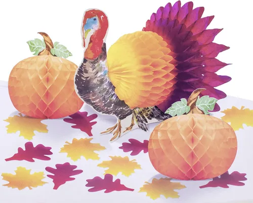 Stephanie Imports Juego de 3 kit de decoración tradicional de mesa de Acción de Gracias y hojas de otoño de papel (calabazas en panal y pavo)