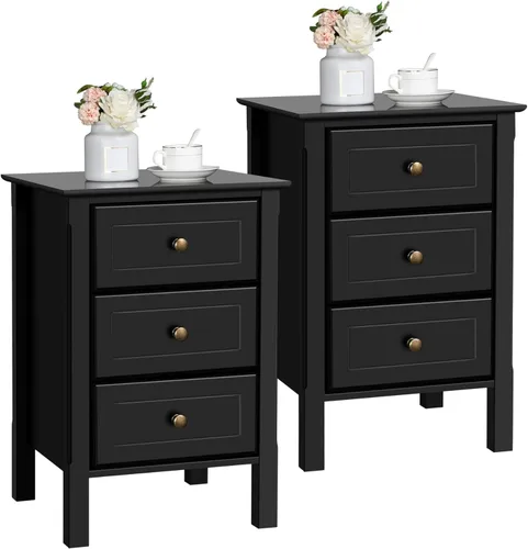 Miniatura 11 de Yaheetech Mesita de noche con 3 cajones, mesita de noche de madera de 3 cajones con patas de madera maciza, armario mesita de noche organizador