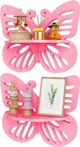 Miniatura 10 de Estante flotante en forma de mariposa rosa para habitación de niña, bonito estante de pared para decoración de guardería, pequeño estante decorativo