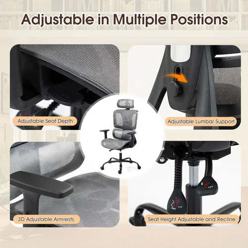 Miniatura 7 de Silla de oficina ergonómica con soporte lumbar ajustable, reposabrazos y reposacabezas 3D, silla reclinable de 135° con base de acero grande, silla