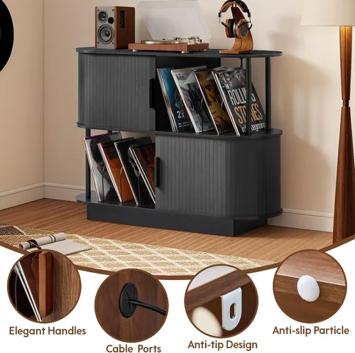 Miniatura 4 de Soporte moderno para tocadiscos con almacenamiento de vinilo, soporte de almacenamiento para tocadiscos negro de 40 pulgadas con puerta corredera