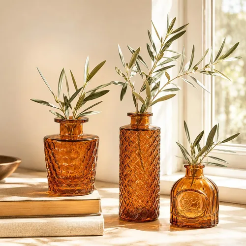 Miniatura 6 de Juego de 5 jarrones de cristal ámbar, mini jarrón para centros de mesa, jarrones pequeños de color marrón a granel para decoraciones de boda, jarrón