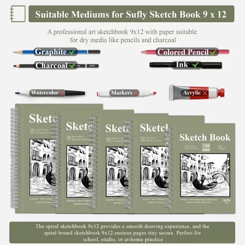 Miniatura 5 de SuFly - Cuaderno de bocetos para dibujo, 9.0 x 12.0 in, 100 hojas (3.53 oz/m²), encuadernado en espiral, sin ácido, con tapa dura para lápiz de Verde