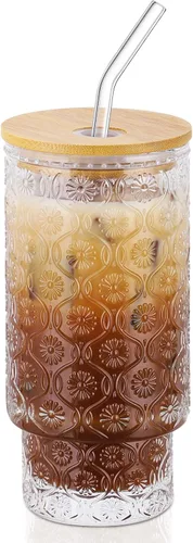 Miniatura 8 de CWHHRN Vasos de vidrio de 16 onzas con tapas y pajitas, cristalería vintage en relieve para whisky, cóctel, cerveza, taza de café helado con tapa