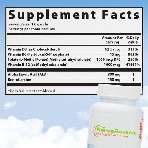 Miniatura 3 de NerveReverse Neuropatiy Support Formula - Ácido alfa lipoico 600 mg, benfotiamina extra fuerza, B12, B9, B6 y D3 - Soporte para nervios, energía