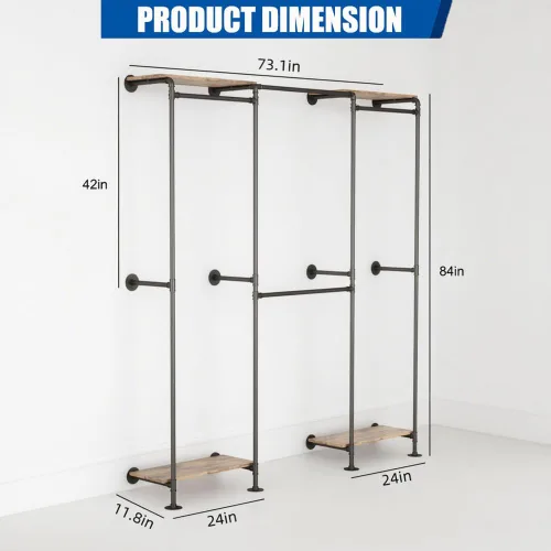 Miniatura 2 de KaKaBB Perchero industrial de tubería, perchero de pared para colgar ropa, perchero de esquina ajustable en forma de L con estantes, sistema de Negro