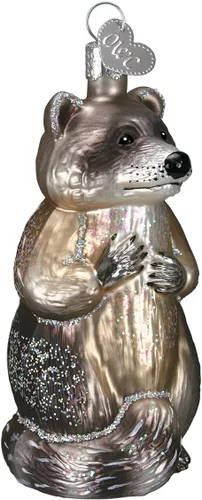 Old World Christmas Adorno de cristal soplado de mapache para árbol de Navidad, decoración navideña artesanal, colección de animales de vida