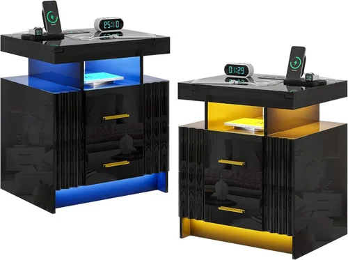 Miniatura 17 de Mesita de noche LED con estación de carga, moderna mesita de noche negra con luz de sensor corporal, mesita de noche con 2 cajones de almacenamiento