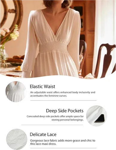 Miniatura 41 de Vestido largo de encaje para mujer de manga corta y cuello en V, vestido de fiesta estilo bohemio con cintura fruncida, vestido bohemio para mujer