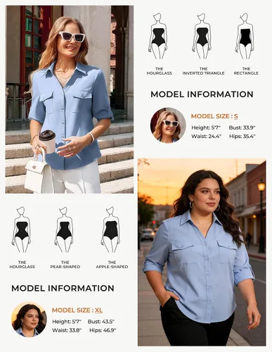 Miniatura 6 de GRACE KARIN Camisas con botones para mujer, cuello en V clásico, manga 3/4, blusas básicas elegantes sin arrugas