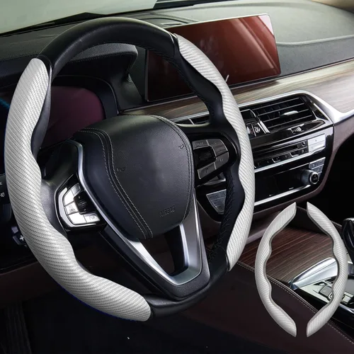 Miniatura 25 de WOCOCN 2 fundas para volante de automóvil, protector antideslizante de fibra de carbono para hombres y mujeres, múltiples opciones de color, Beige