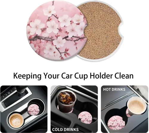 Miniatura 5 de Portavasos para automóvil, posavasos de cerámica con estampado floral rosa, soporte antideslizante con agarre para la punta del dedo, accesorios