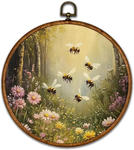 BCUANGD Decoración de pared redonda de abeja vintage, arte de pared retro de abejorros con flores silvestres, marco de lienzo, impresiones