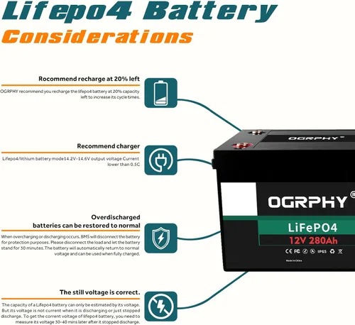 Miniatura 6 de OGRPHY - Batería LiFePO4 de 3584Wh 280Ah de litio con BMS de 200A, celda de batería de iones de litio de grado A de 2000-5000 ciclos profundos