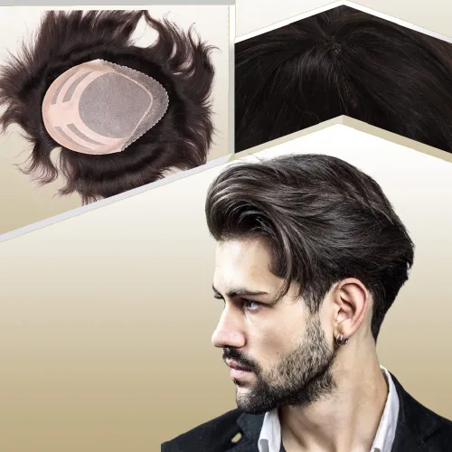 Miniatura 16 de Sistema de reemplazo de cabello humano para hombre, tupé para hombre, piel fina con parte superior de encaje mono y la parte trasera de poliuretano