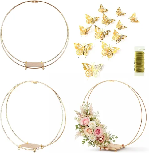 Paquete de 3 centros de mesa de aro floral de metal doble de 12 pulgadas con soporte y alambre de paleta de 38 yardas, decoración de mesa para Dorado