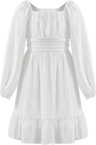 Miniatura 8 de blibean - Vestido de manga larga con lazo en la espalda para niñas y preadolescentes, vestido de otoño con hombros descubiertos, tallas para 6-15