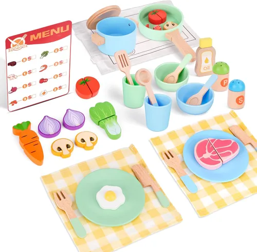 Juego de comida de madera para niños, accesorios de cocina de juguete, juguetes de juego de simulación para niños pequeños, juego de cocina para