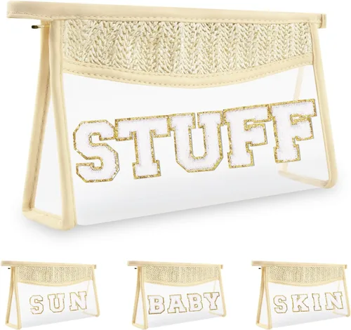 Miniatura 24 de Iqimott 2 bolsas de maquillaje con parches transparentes, bolsa de letras boho para nadar en la playa, bolsas de maquillaje impermeables