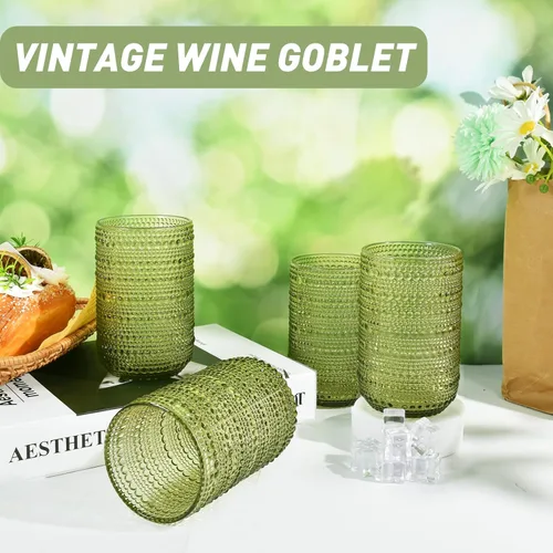 Miniatura 5 de CHLJAR Hobnail - Juego de 6 vasos para beber, juego de cristalería vintage de 14 onzas, vaso de agua verde en relieve para cerveza, jugo, cóctel