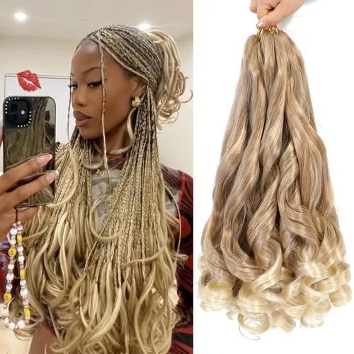 Cabello trenzado francés rubio ombré, 8 paquetes de 16 pulgadas, 27/613, color preestirado, rizado, ombré, trenzado para trenzas de caja de diosa,