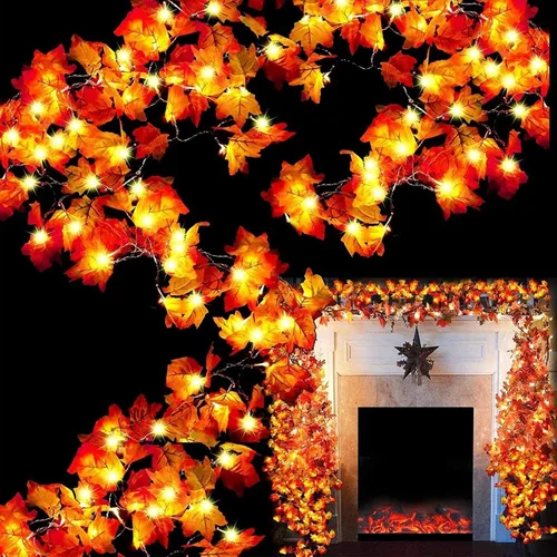 Miniatura 8 de TURNMEON Paquete de 2 decoraciones de Acción de Gracias con hojas de arce agrandadas, luces totales de 20 pies y 40 LED, decoraciones de otoño