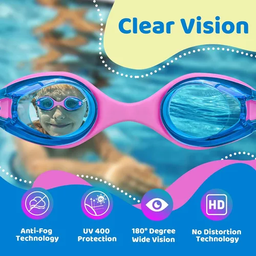Miniatura 3 de Vvinca Gafas de natación para niños con correa elástica, sin fugas, antivaho, gafas para niños pequeños con ajuste rápido, edades 3-14 02-rosa