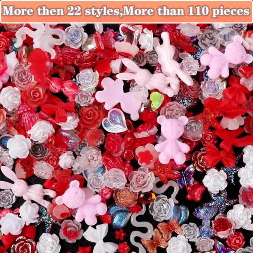 Miniatura 2 de COOSLIM 110 Piezas Dijes para Uñas 3D, Dijes de Resina Mariposa Oso para Uñas, Flor Rosa Lazo Conejo con Forma de Animal Piedras de Strass Perlas