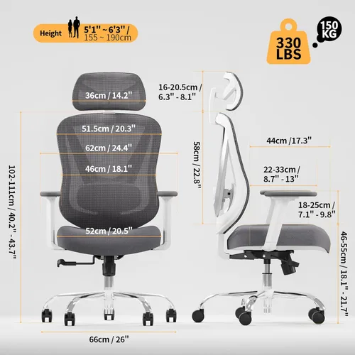 Miniatura 2 de HOLLUDLE Silla ergonómica de malla para oficina - Soporte lumbar ajustable 3D y reposabrazos 3D, respaldo en forma de V, silla de escritorio Blanco