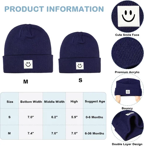 Miniatura 3 de Gorro de punto con cara sonriente para bebé, 3 unidades, para niños pequeños, gorro de invierno suave bordado con cara sonriente