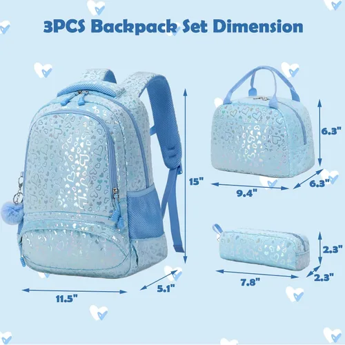 Miniatura 8 de Bolsas escolares para niñas, 3 unidades, mochila con bolsa de almuerzo, estuche para lápices con correa para el pecho, niños escolares, linda