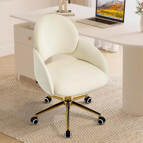Miniatura 6 de Furniliving Silla de tocador con ruedas, linda silla de oficina tapizada con respaldo ahuecado, silla decorativa ajustable en altura con base