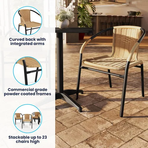 Miniatura 6 de Flash Furniture Lila Paquete de 2 Sillas Apilables de Ratán Beige para Restaurante Interior-Exterior
