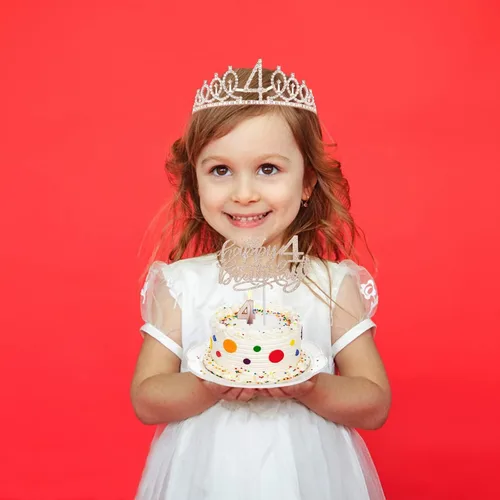 Miniatura 7 de Decoraciones de cumpleaños de 4 años para niña, que incluyen banda, corona, vela numérica y adorno para pastel; suministros de recuerdos de fiesta