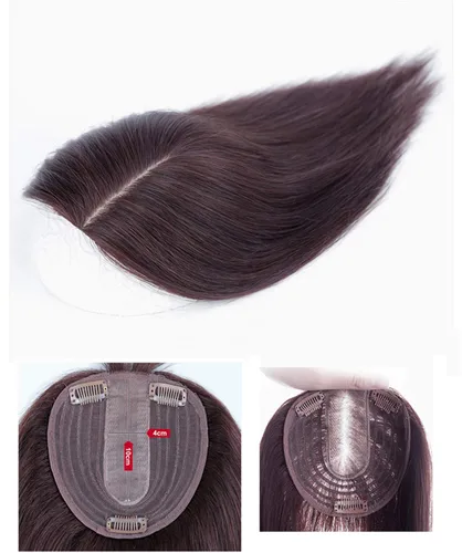 Miniatura 5 de LXUE Parte superior de cabello humano con base de seda natural para mujeres con cabello gris y delgado, parte superior de base de 5 x 5.5 pulgadas