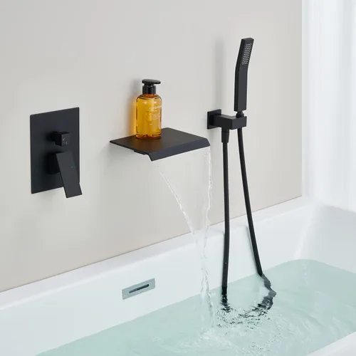 Miniatura 3 de Wowkk Llenador de bañera de montaje en pared, grifo de bañera en cascada, grifo de baño negro de latón con una sola manija con ducha de mano