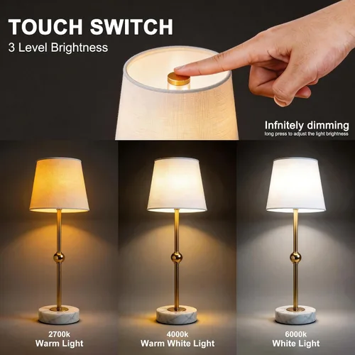 Miniatura 7 de Lámpara de mesa LED inalámbrica de 17.5 pulgadas, recargable y regulable con bombilla magnética desmontable, base de mármol, acabado de latón, luz