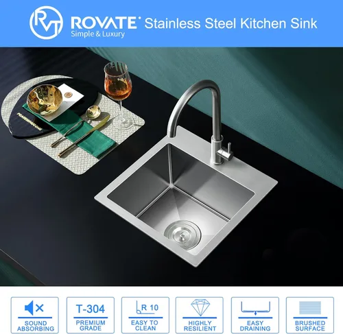 Miniatura 2 de ROVATE Fregadero de barra empotrable de 13 x 15 x 8 pulgadas, Fregadero de cocina pequeño de montaje superior de un solo compartimento, Fregaderos