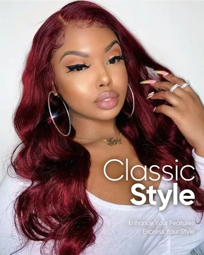Miniatura 3 de Pelucas de cabello humano con encaje frontal color borgoña 99j de 13 x 6, densidad del 200 %, pelucas de encaje frontal HD 99j de color rojo