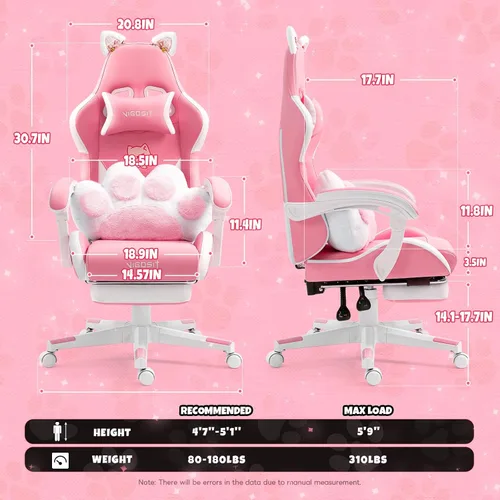 Miniatura 2 de Vigosit Silla de gamer rosa con reposapiés, silla ergonómica y linda para jugadores con orejas de gato, silla cómoda de escritorio y computadora