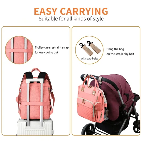 Miniatura 4 de GurZinn Mochila para pañales con cambiador portátil, mochila multifunción 3 en 1, mochila de viaje para mamá, cochecito rosa