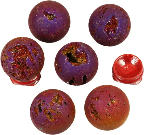 Miniatura 3 de Nupuyai Esfera de ágata de geoda druzy revestida de titanio con soporte de madera, bola de cuarzo de cristal de energía curativa para decoración
