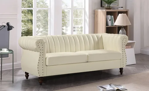 Miniatura 3 de Container Furniture Direct Sofá de piel sintética de 77 pulgadas inspirado en Chesterfield con diseño elegante, patas de calabaza y tapicería