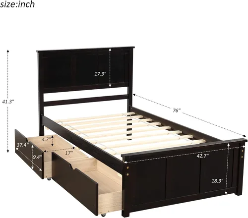 Miniatura 2 de P PURLOVE Marco de cama de tamaño individual con dos cajones debajo, marco de cama de plataforma doble de madera con cabecera con soporte de Espresso