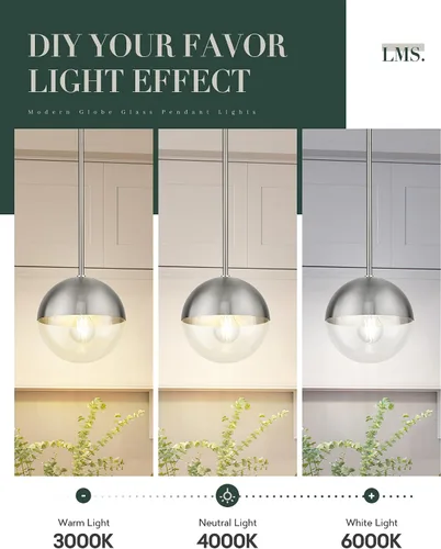 Miniatura 7 de LMS LMS-186BNC - Moderna lámpara colgante de 1 luz, lámpara colgante de isla de cocina de níquel cepillado con vidrio de globo transparente, varilla