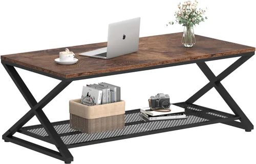 Miniatura 7 de LVB Mesa de café negra, mesas centrales de 2 niveles de metal y madera con estante de almacenamiento, mesa de té moderna rectangular para el cóctel